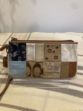 Coach Patchwork Wristlet Clutch in Neutral Multi and Blue Accents